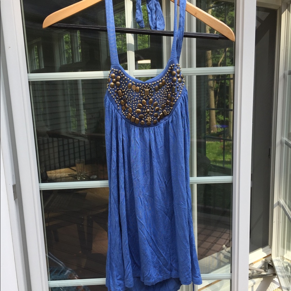BCX blue with gold gems halter top